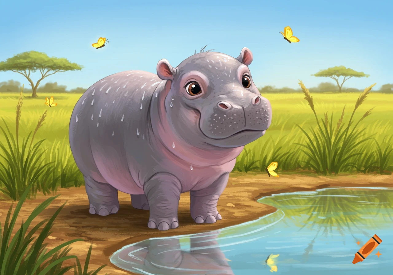 A cute baby hippo with wet skin stands by a pond in a grassy savanna with trees and yellow butterflies, looking curious.