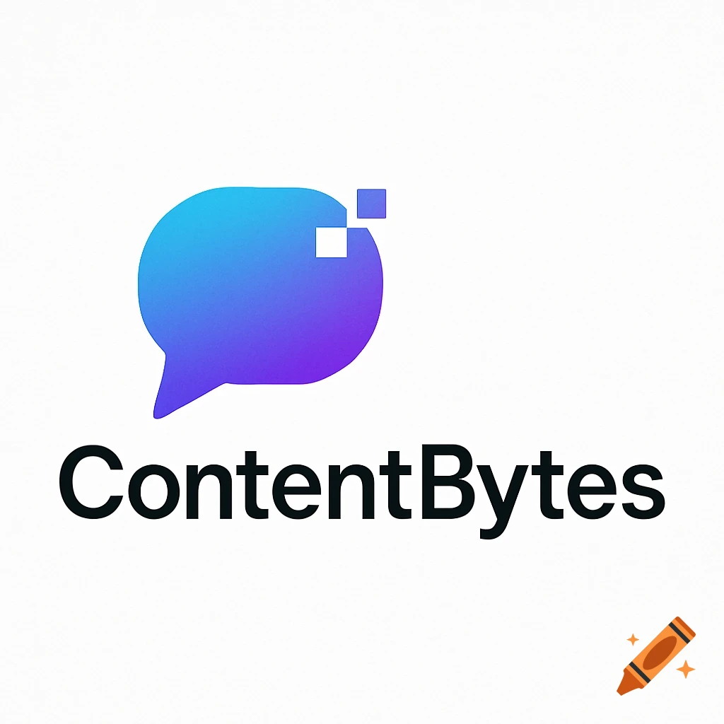A modern logo featuring a blue and purple gradient chat bubble with white pixelated elements, above the black text 'ContentBytes'.