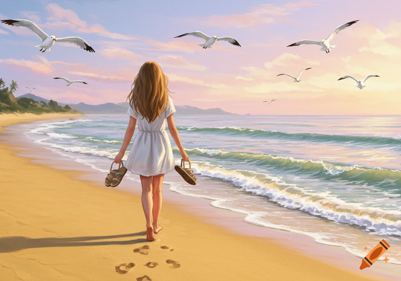 A young girl in a white dress walks barefoot on a sandy beach at sunset, holding sandals, with seagulls flying over the ocean.