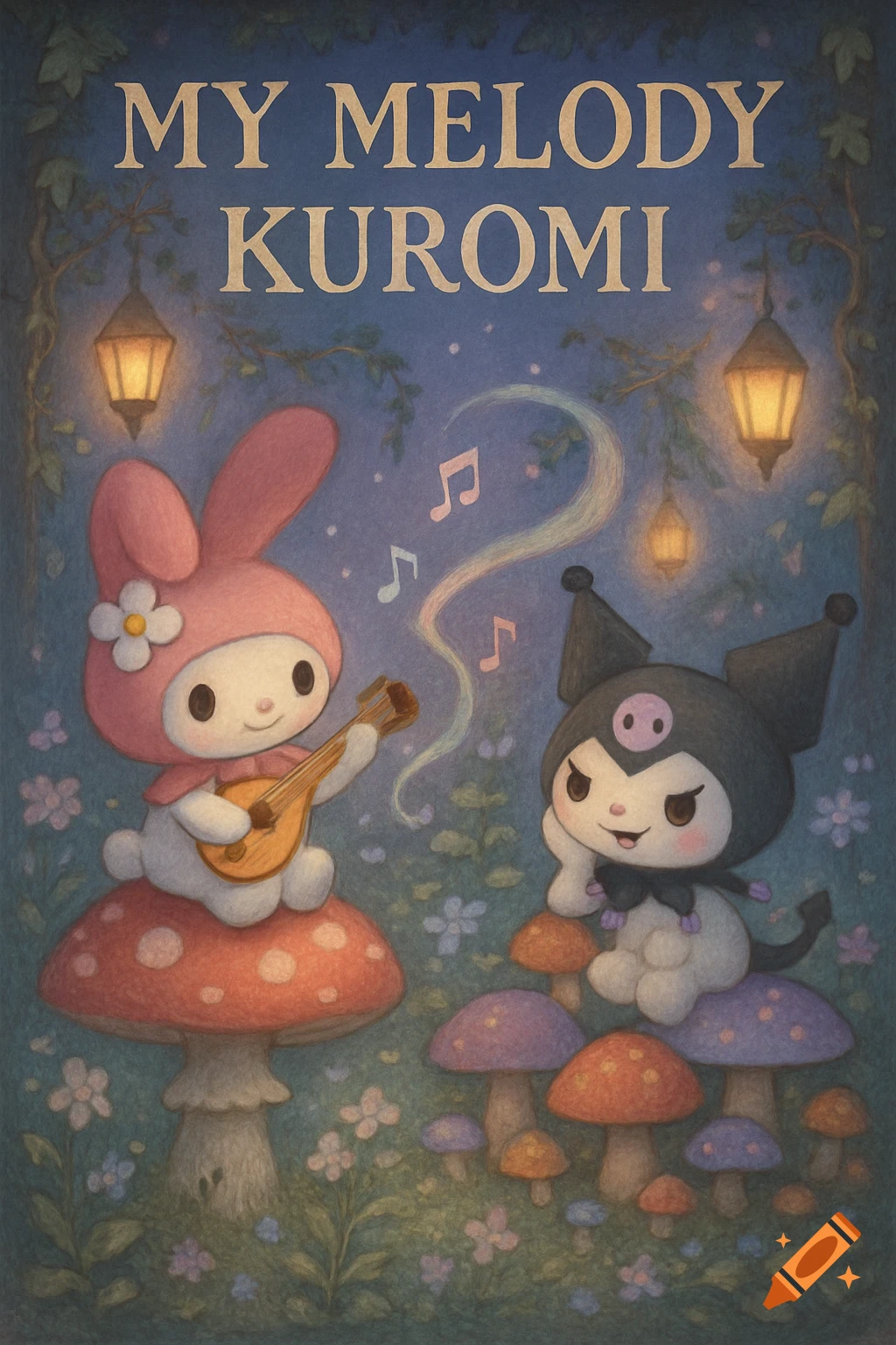 My Melody plays an instrument on a mushroom while Kuromi listens in a whimsical forest with glowing lanterns. Text reads 'MY MELODY KUROMI'.
