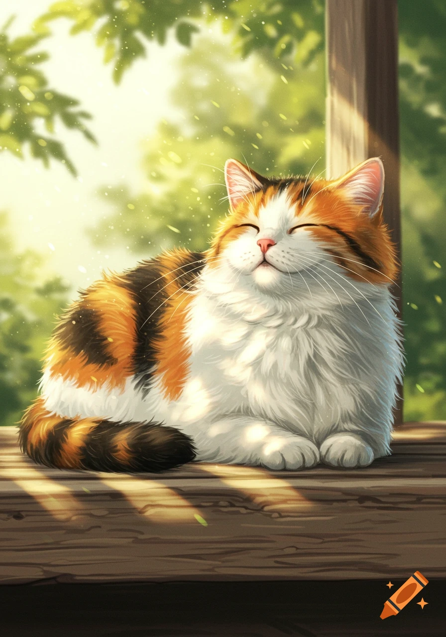 A fluffy calico cat with closed eyes smiles contentedly while basking in dappled sunlight on a wooden surface.