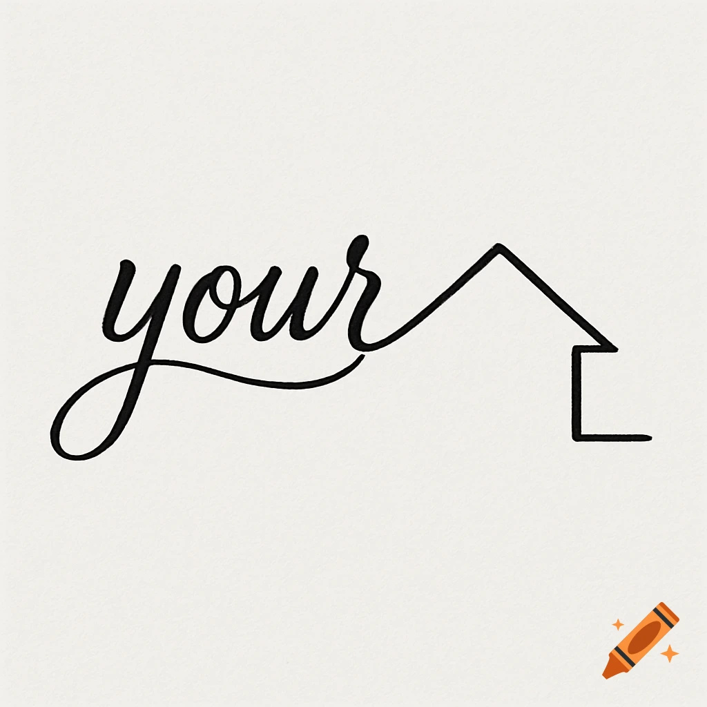 Black calligraphic word 'your' flowing into a minimalist house outline on a light background.