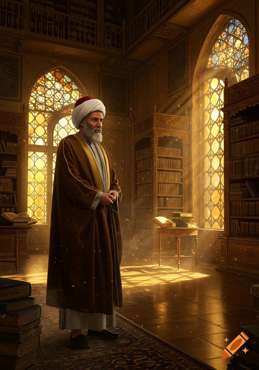 A bearded man in traditional robes stands in a sunlit, ornate Middle Eastern library filled with books.