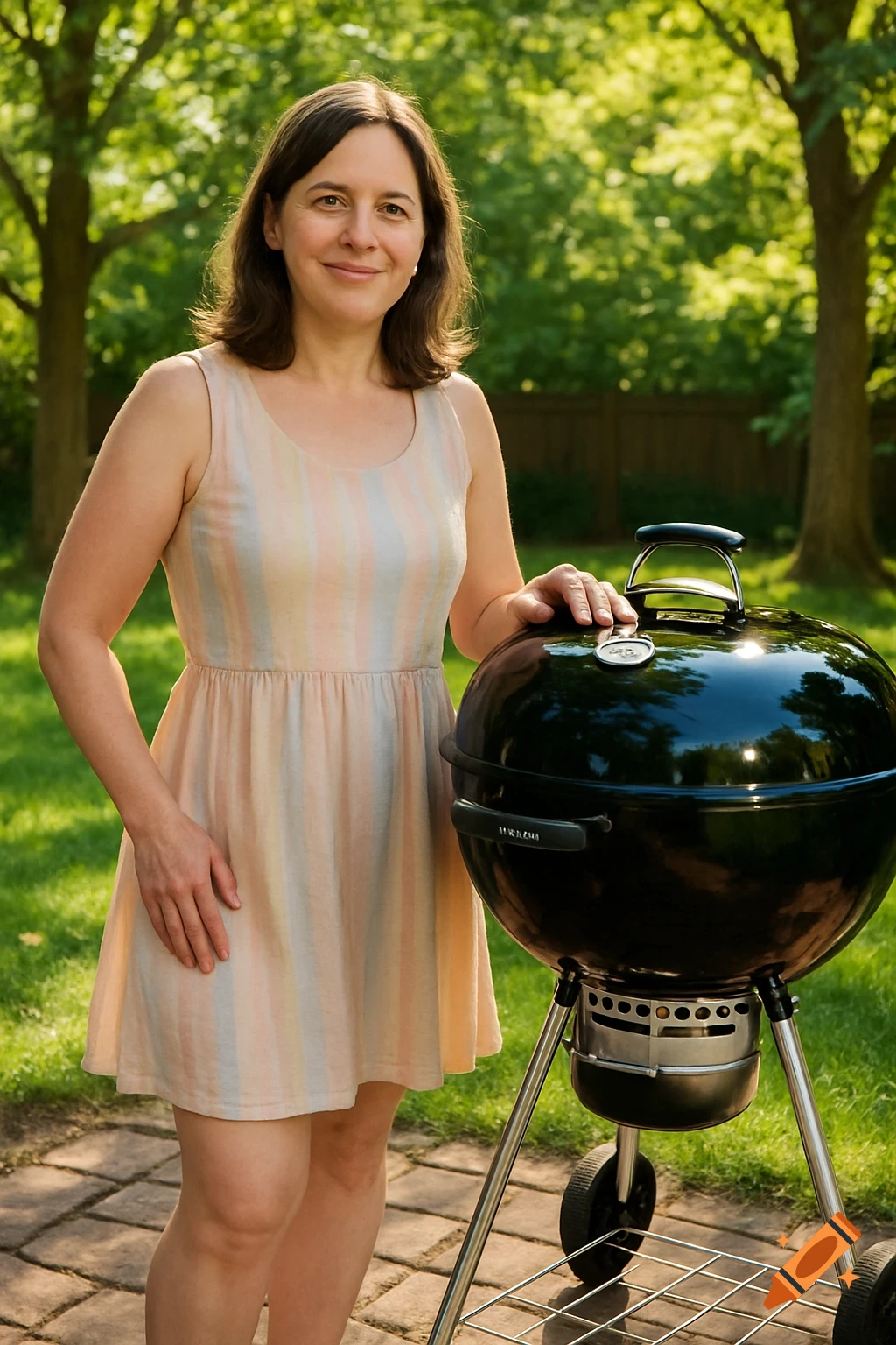 A woman in a striped dress stands smiling next to a black charcoal grill in a sunny backyard.
