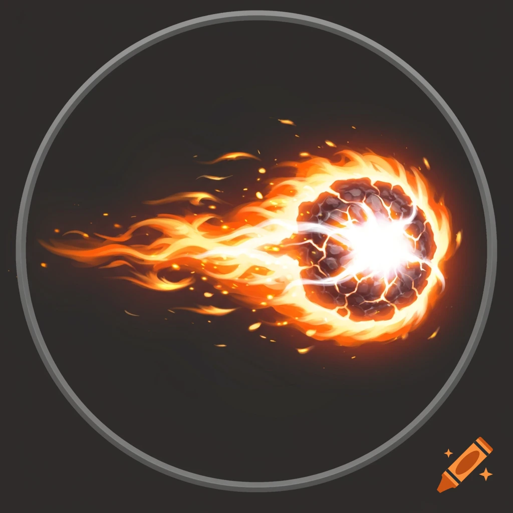 A bright orange and white fireball with trailing flames and a cracked core, against a dark background, designed as a game icon.