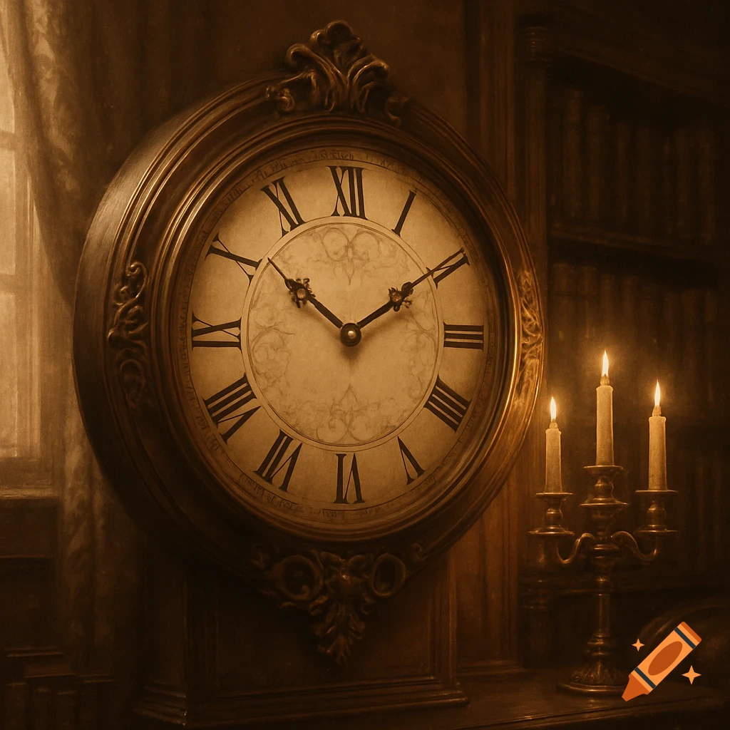 Ornate antique clock with Roman numerals, lit by candles in a sepia-toned room.