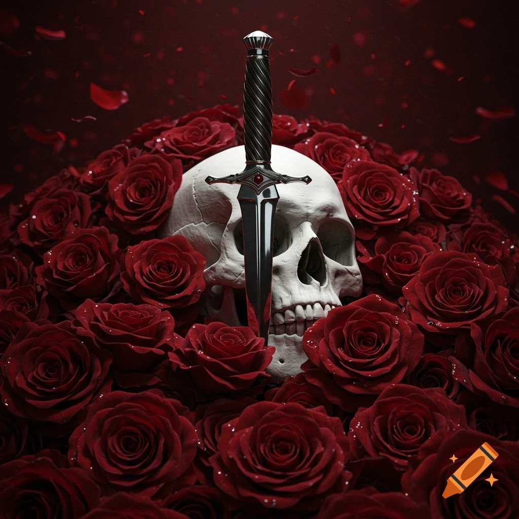 A white skull with a dagger emerging from its mouth rests amidst a bed of velvety red roses, in a dark fantasy concept art style.