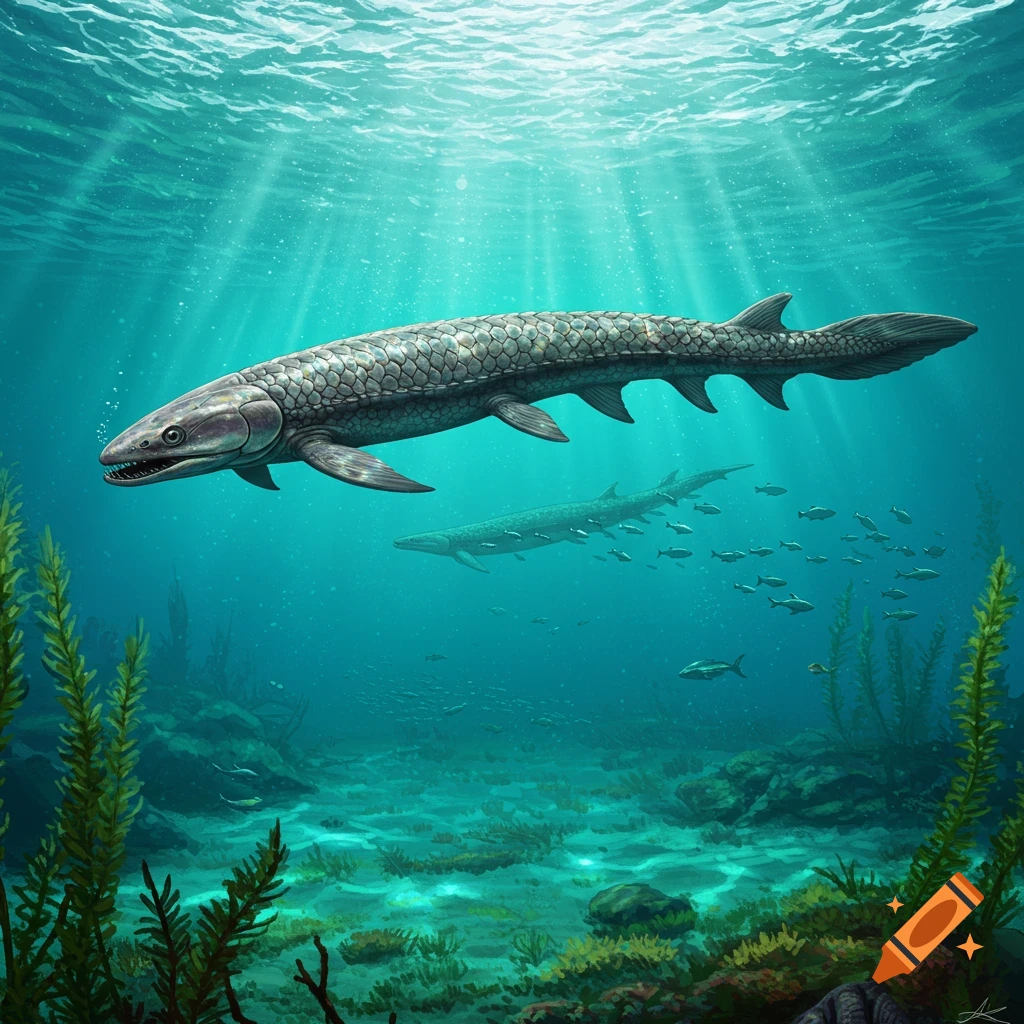 Two ancient, scaly fish, resembling Sacabambaspis, swim in a vibrant underwater scene with sunlight beams.