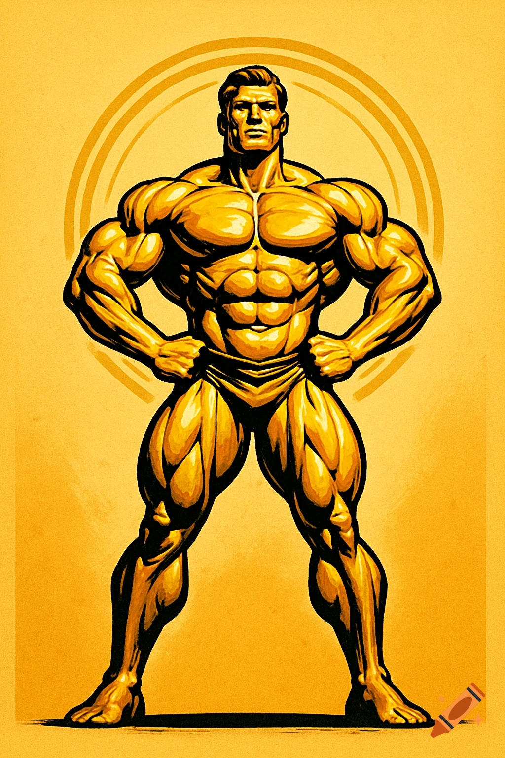 Stylized golden illustration of a muscular bodybuilder in a classic pose against a yellow background.