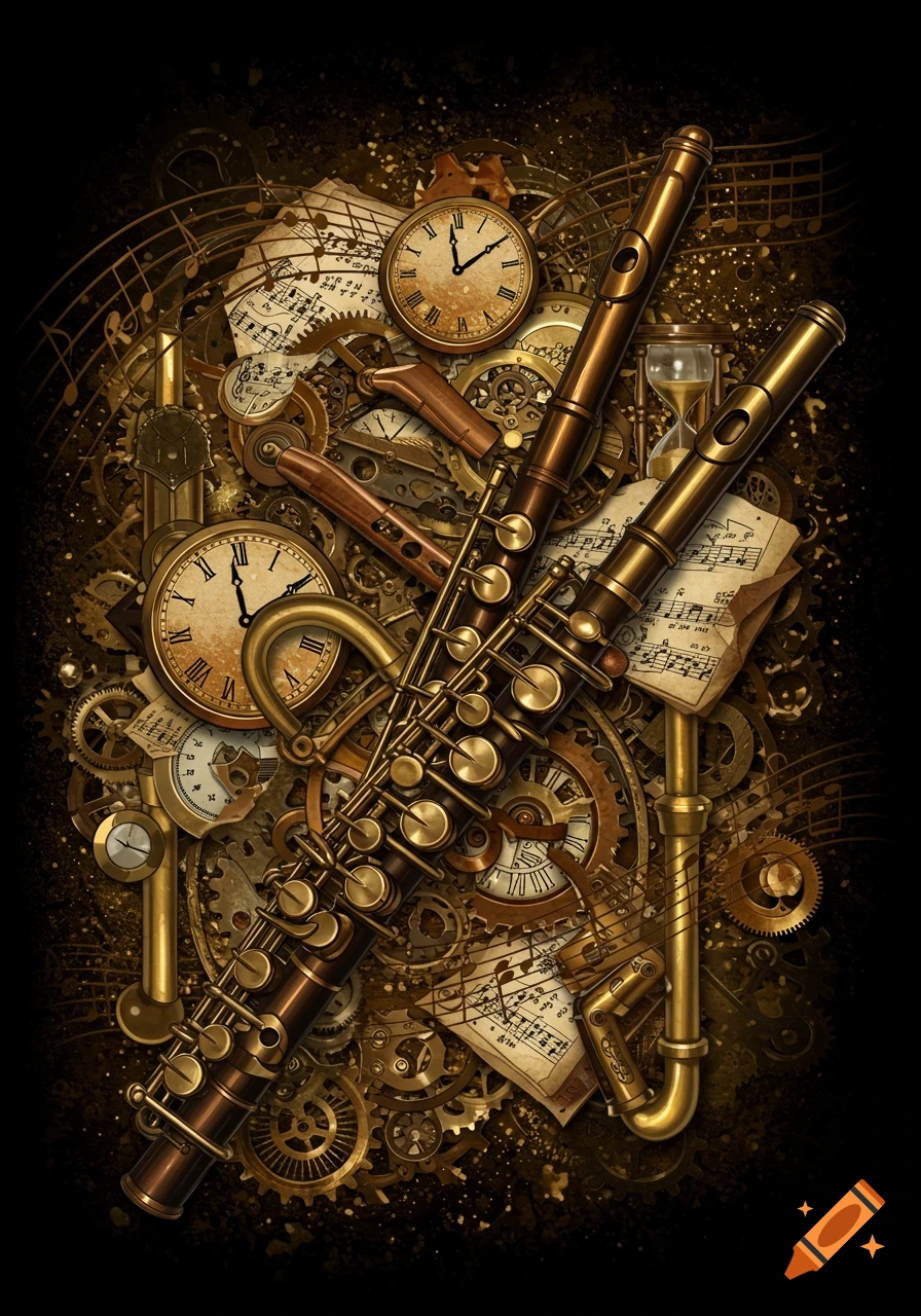 A detailed steampunk composition featuring flutes, brass gears, cogs, clocks, and musical notes against a dark background.