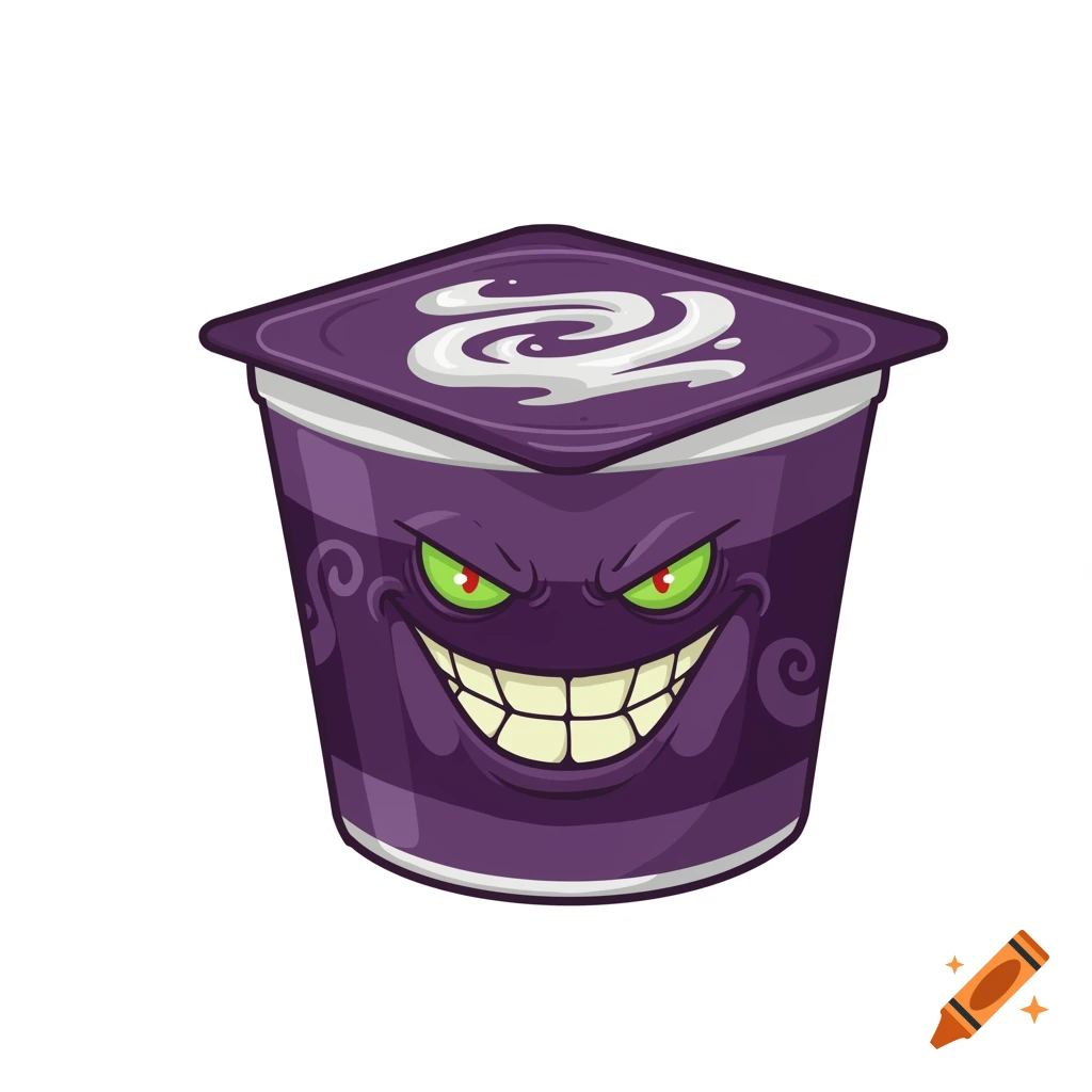A cartoon illustration of a purple yogurt cup with an evil, grinning face and glowing green eyes.