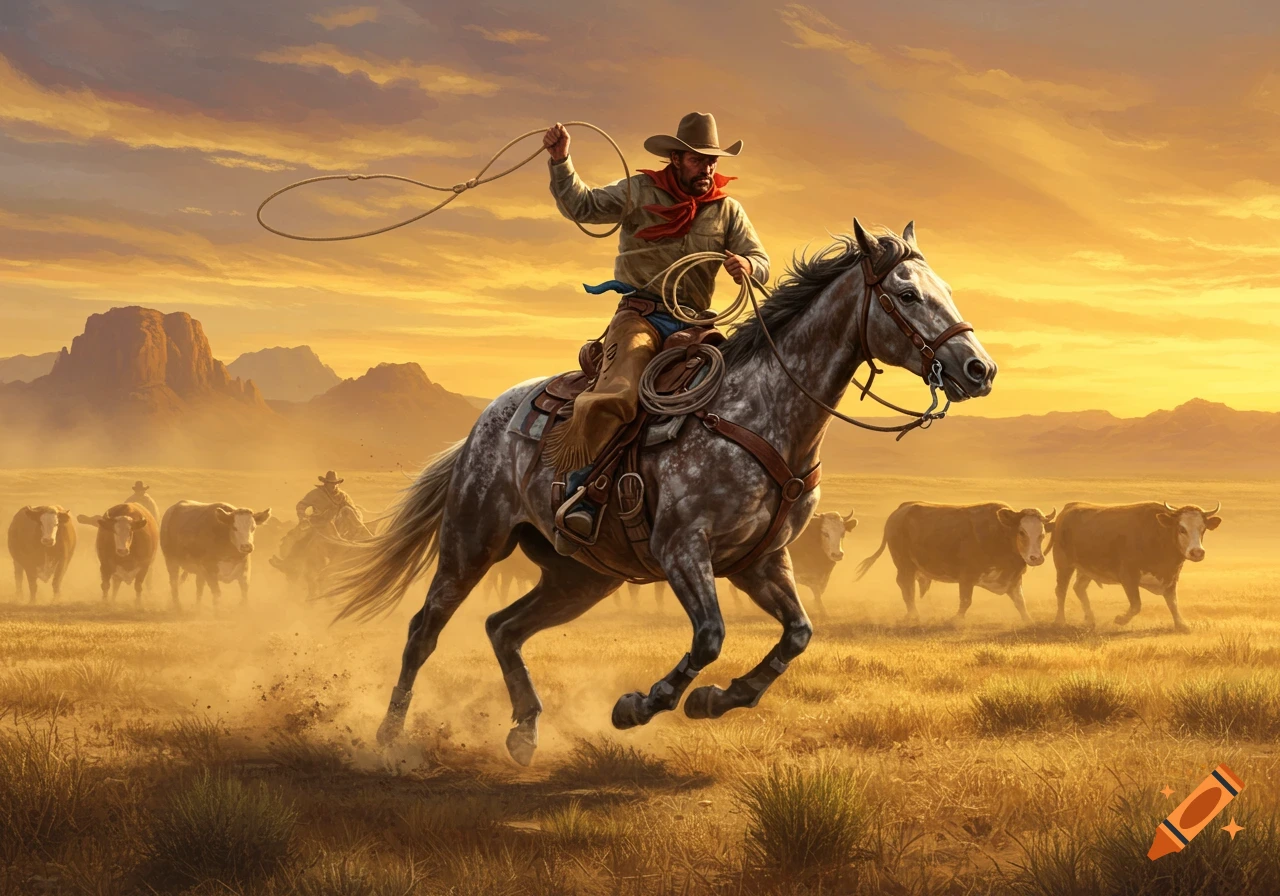A cowboy on a galloping horse ropes cattle on a dusty plain at sunset with mountains in the background. Photorealistic.