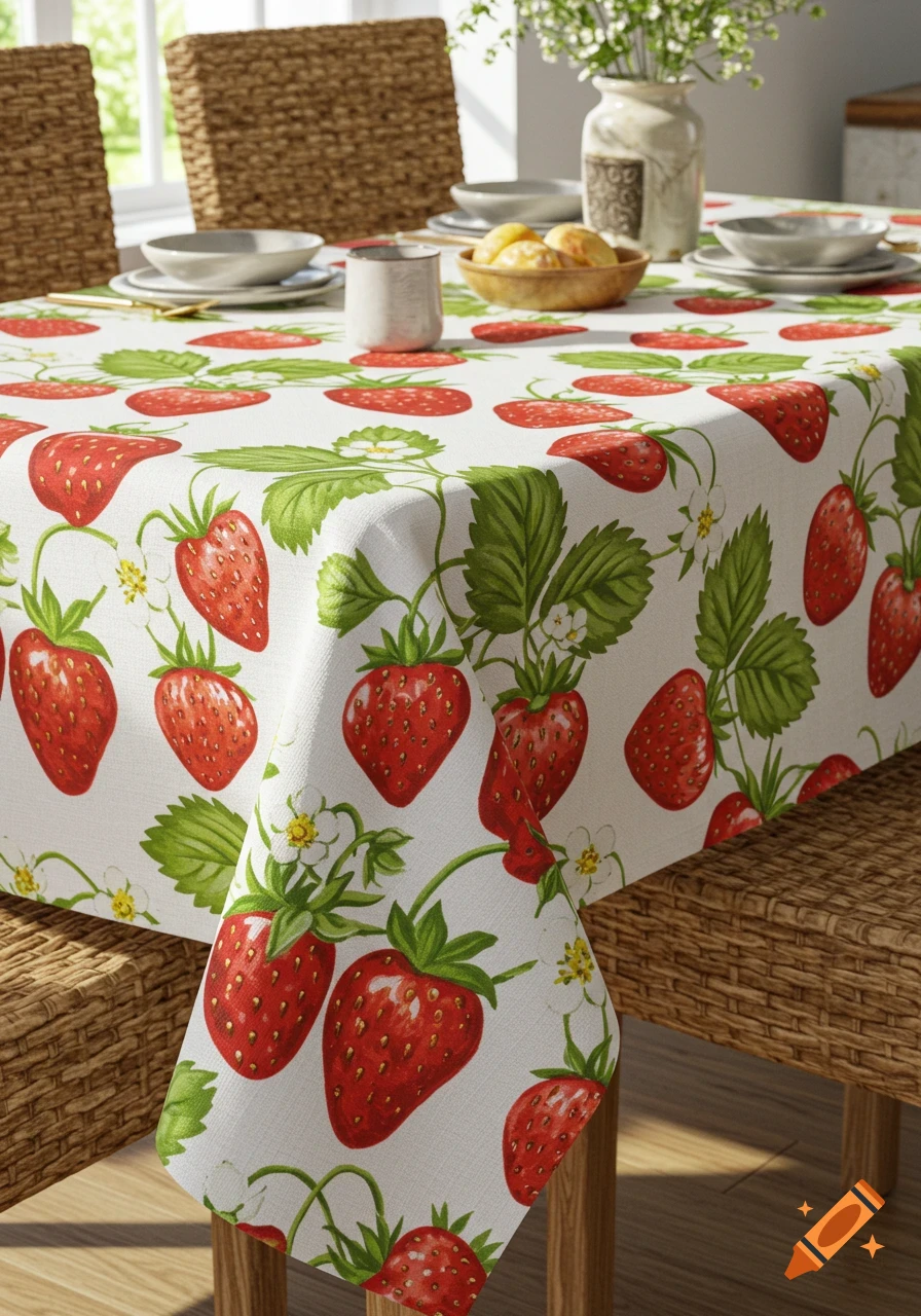 A white tablecloth with a vibrant red strawberry and green leaf pattern drapes over a dining table set with dishes and a vase.