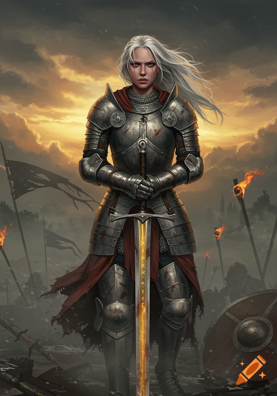 A battle-scarred female knight with white hair stands with a glowing sword on a stormy battlefield.