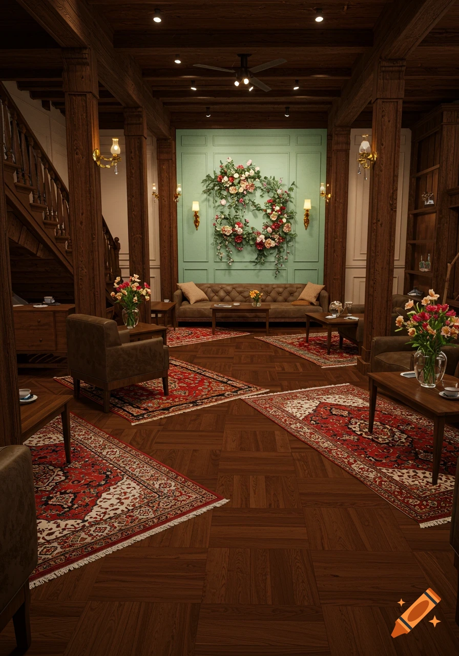 A luxurious photorealistic interior design with chocolate brown wood, parquet floor, light green wall adorned with a large floral wreath, and red Persian rugs.