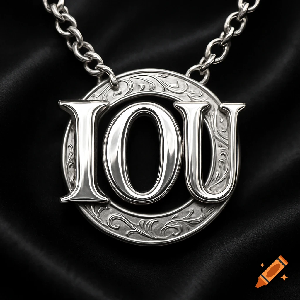 Polished silver pendant featuring the letters 'IOU' on a circular base with ornate engravings, connected to a thick chain, set against a dark, folded fabric background.