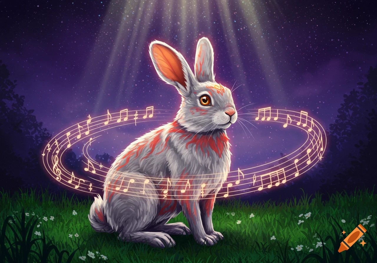 A grey rabbit with red markings and orange eyes sits in a grassy field at night, surrounded by glowing musical notes.