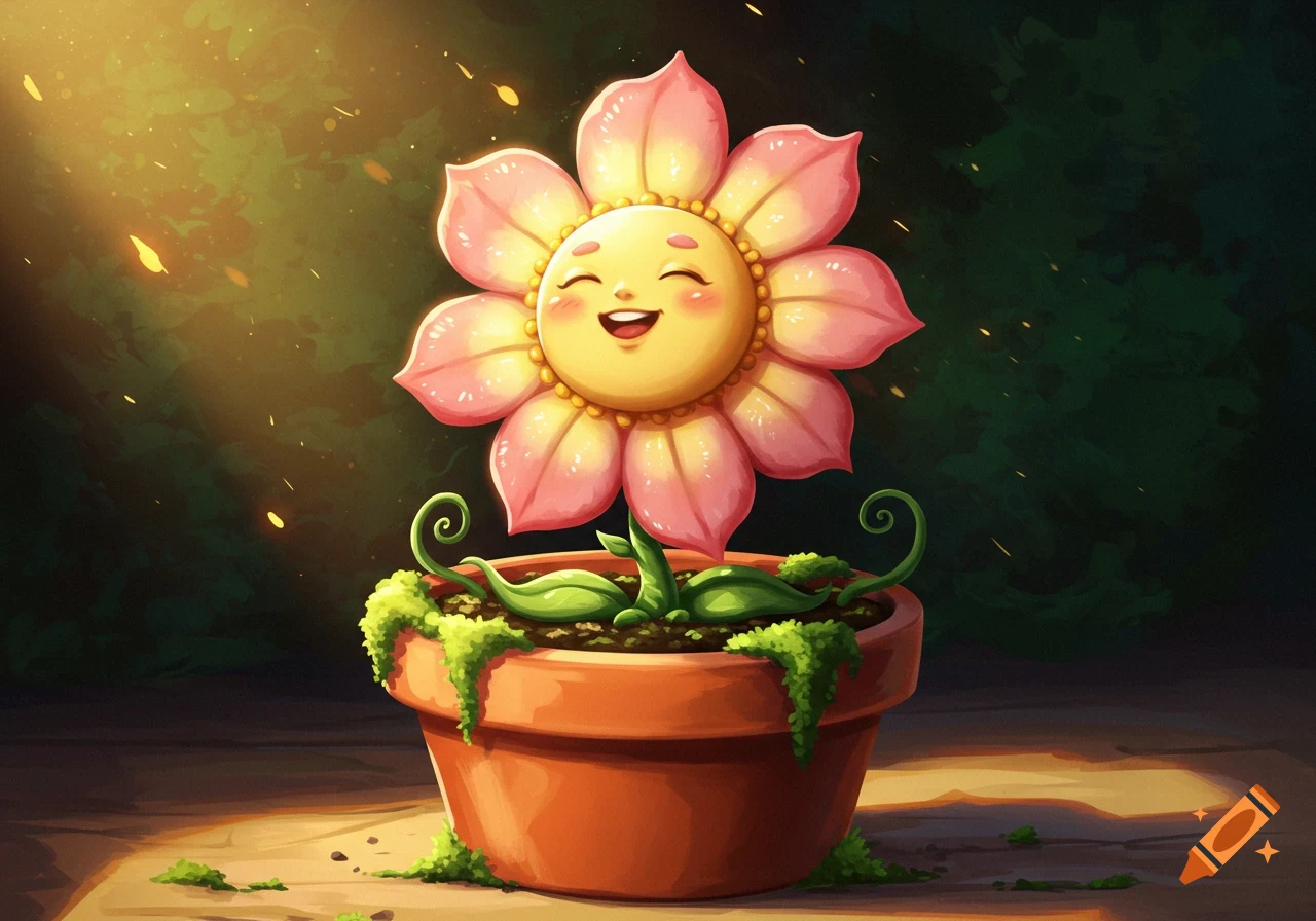 A cute, smiling cartoon flower with pink petals and a yellow face sits in a terra cotta pot, bathed in sunlight.