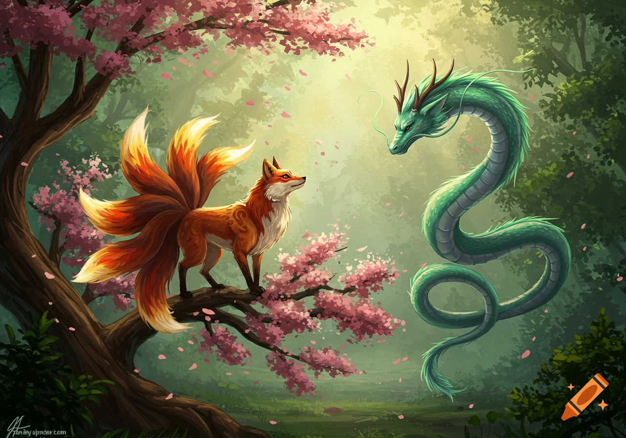 A mythical kitsune with nine tails and a green dragon meet in a lush forest filled with pink cherry blossoms.