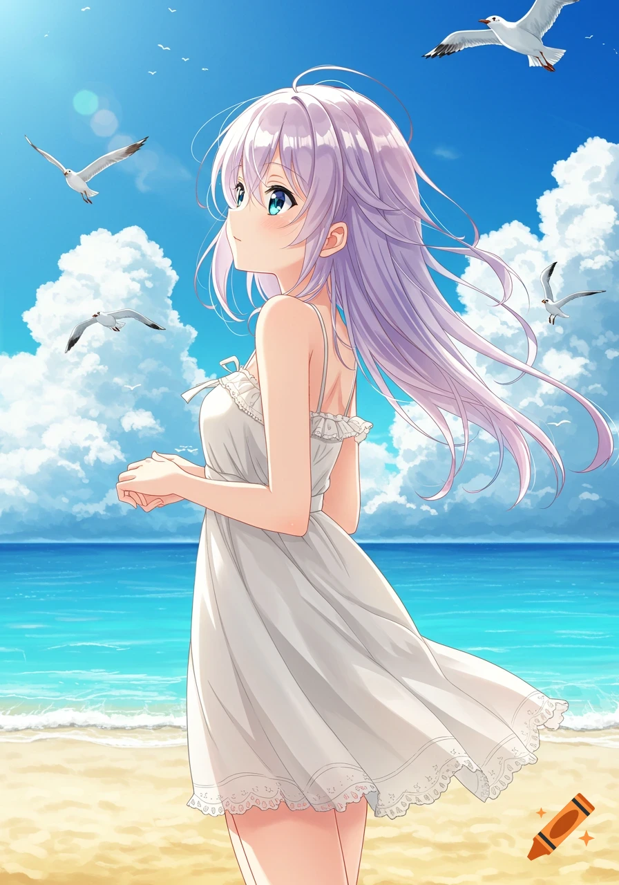 An anime girl with long lavender hair stands on a sandy beach, looking left with a gentle smile. She wears a white summer dress, with a bright blue ocean, white clouds, and seagulls in the background.