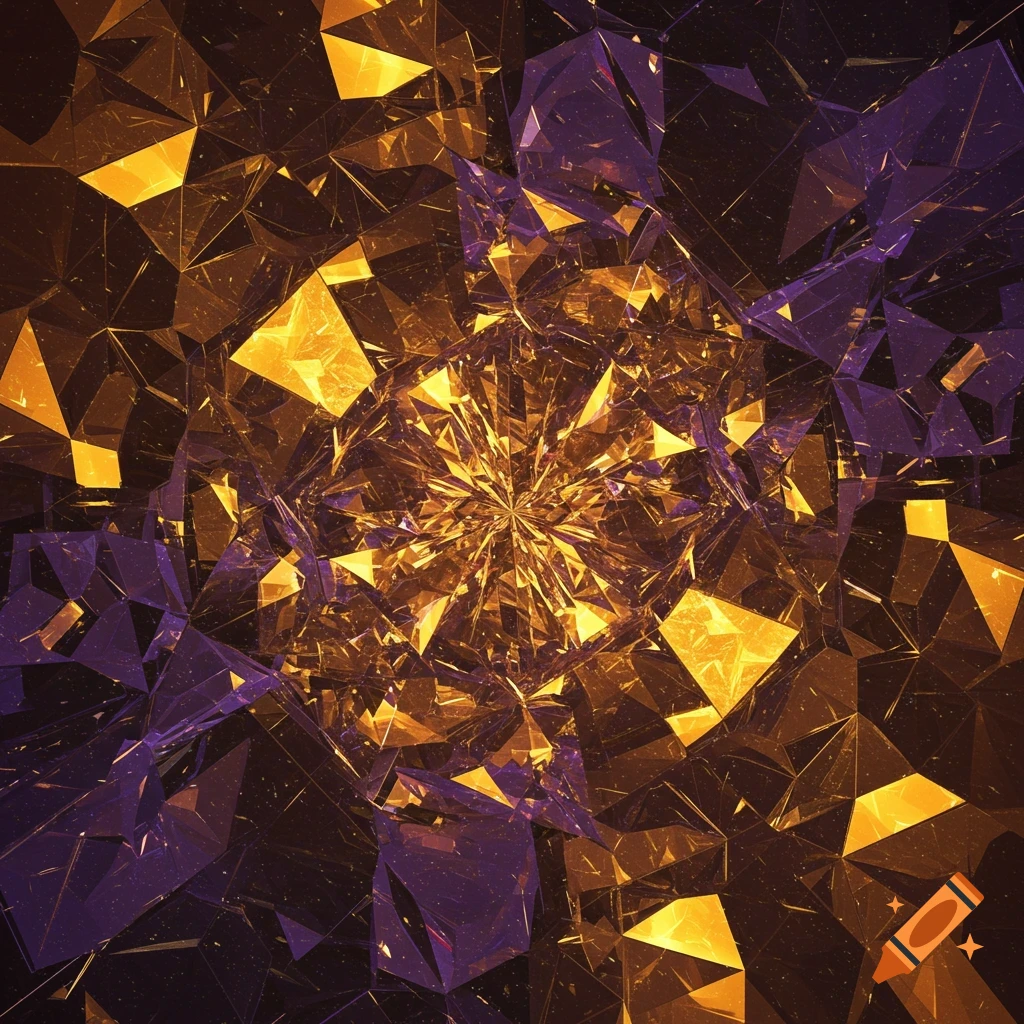 An abstract image of shattered, angular forms with a central burst of light, predominantly in gold and purple hues.