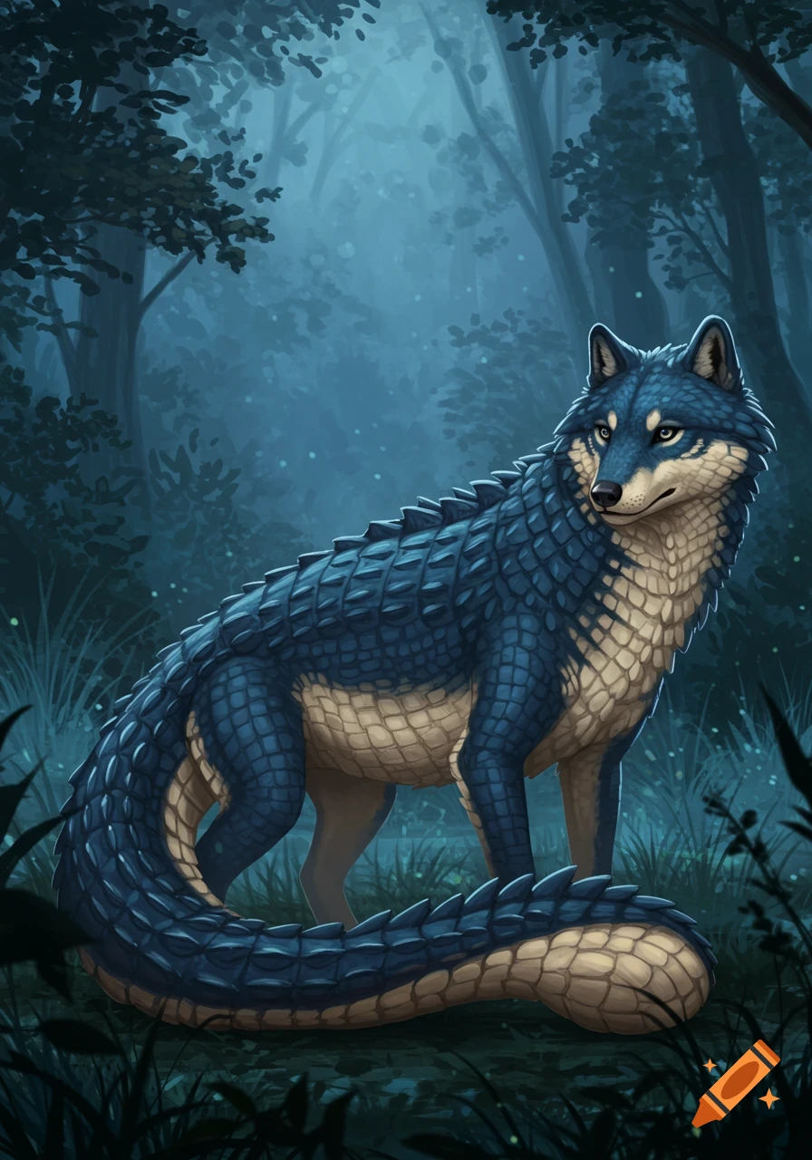 A creature with a wolf's head and a body covered in blue and cream alligator scales, standing in a dark, misty forest.