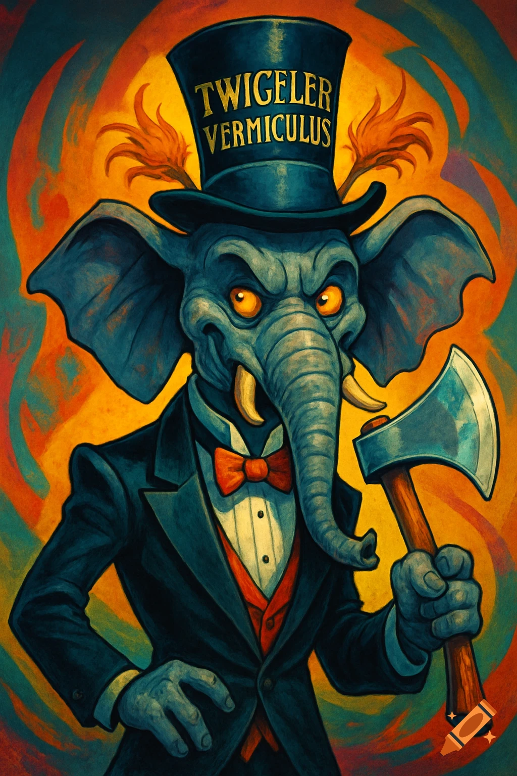 A sinister cartoon elephant in a tuxedo and top hat holds an axe. The hat says 'TWIGELER VERMICULUS'.