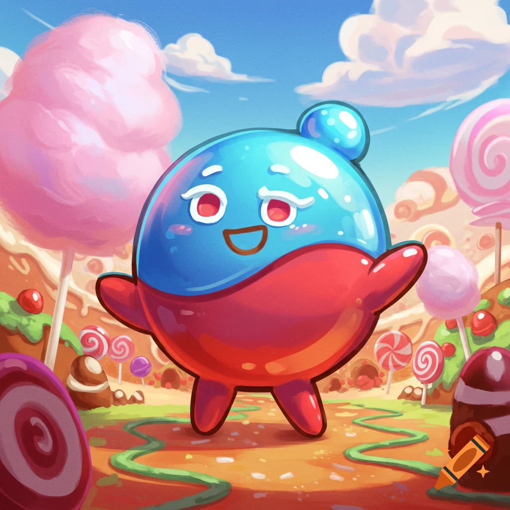 A cute, round, blue and red character with a happy face in a vibrant candy land with lollipops and cotton candy trees.