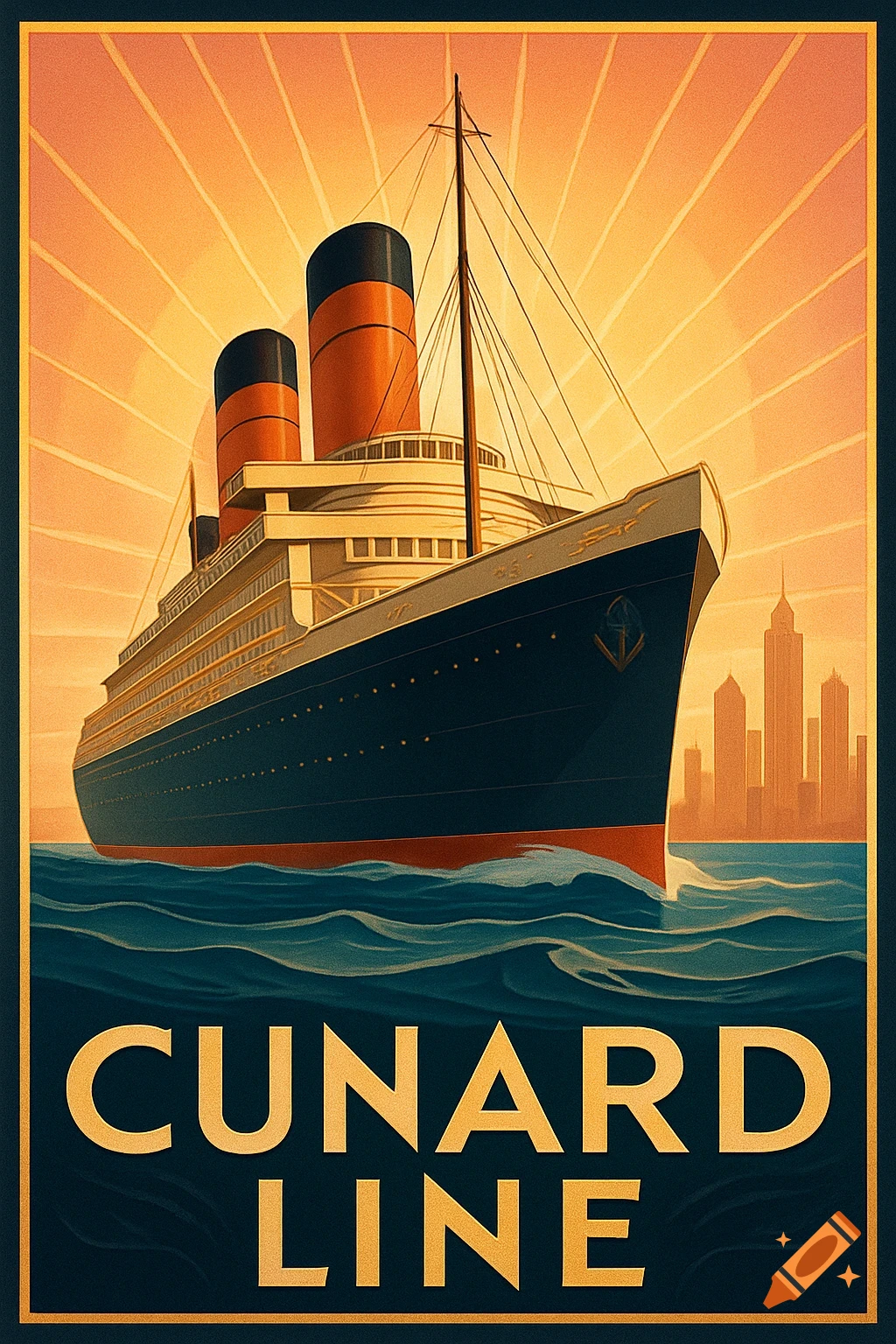 Art deco travel poster of an ocean liner at sea with 'CUNARD LINE' text and city skyline.