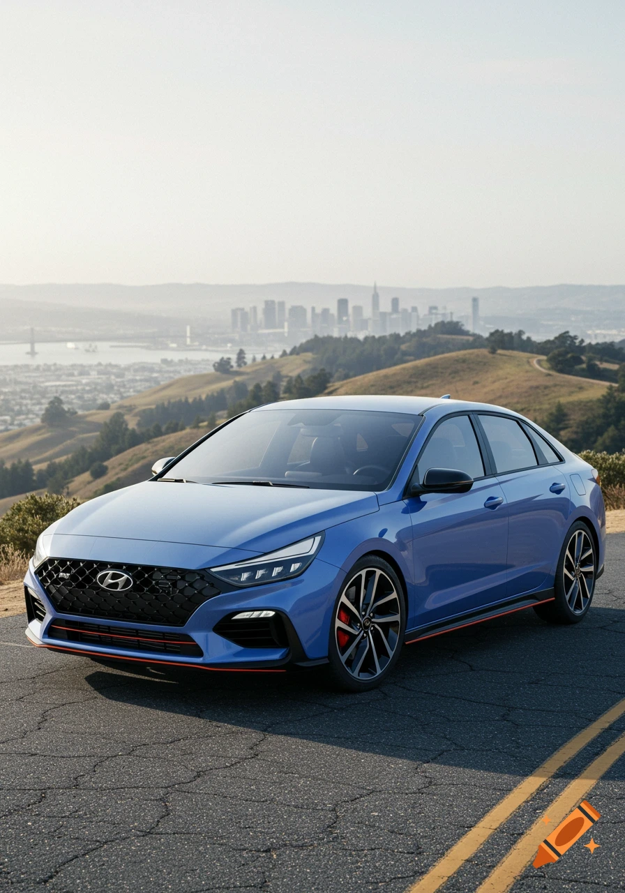 A blue 2025 Hyundai Elantra N is parked on a road overlooking a city skyline in the Bay Area, California.