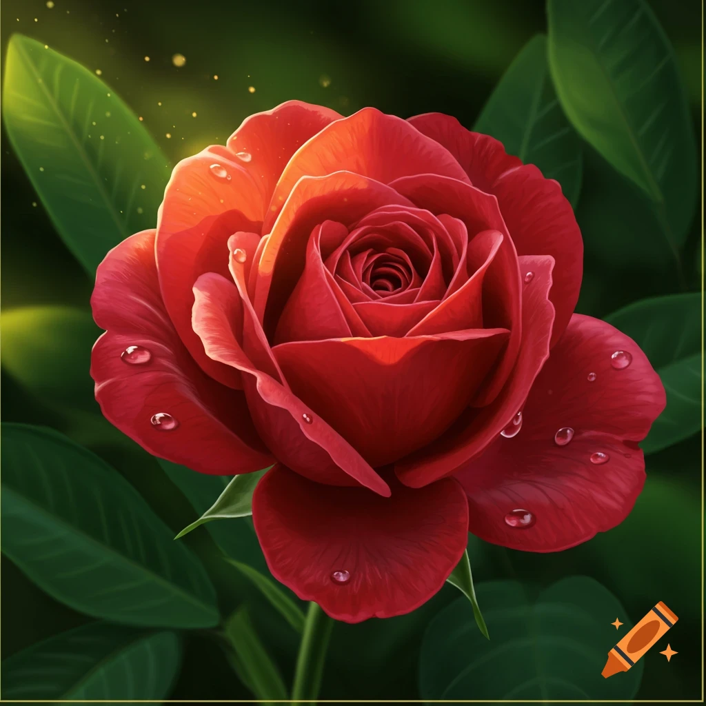 A vibrant red rose with dew drops on its petals, bathed in soft sunlight, against a blurred green background.