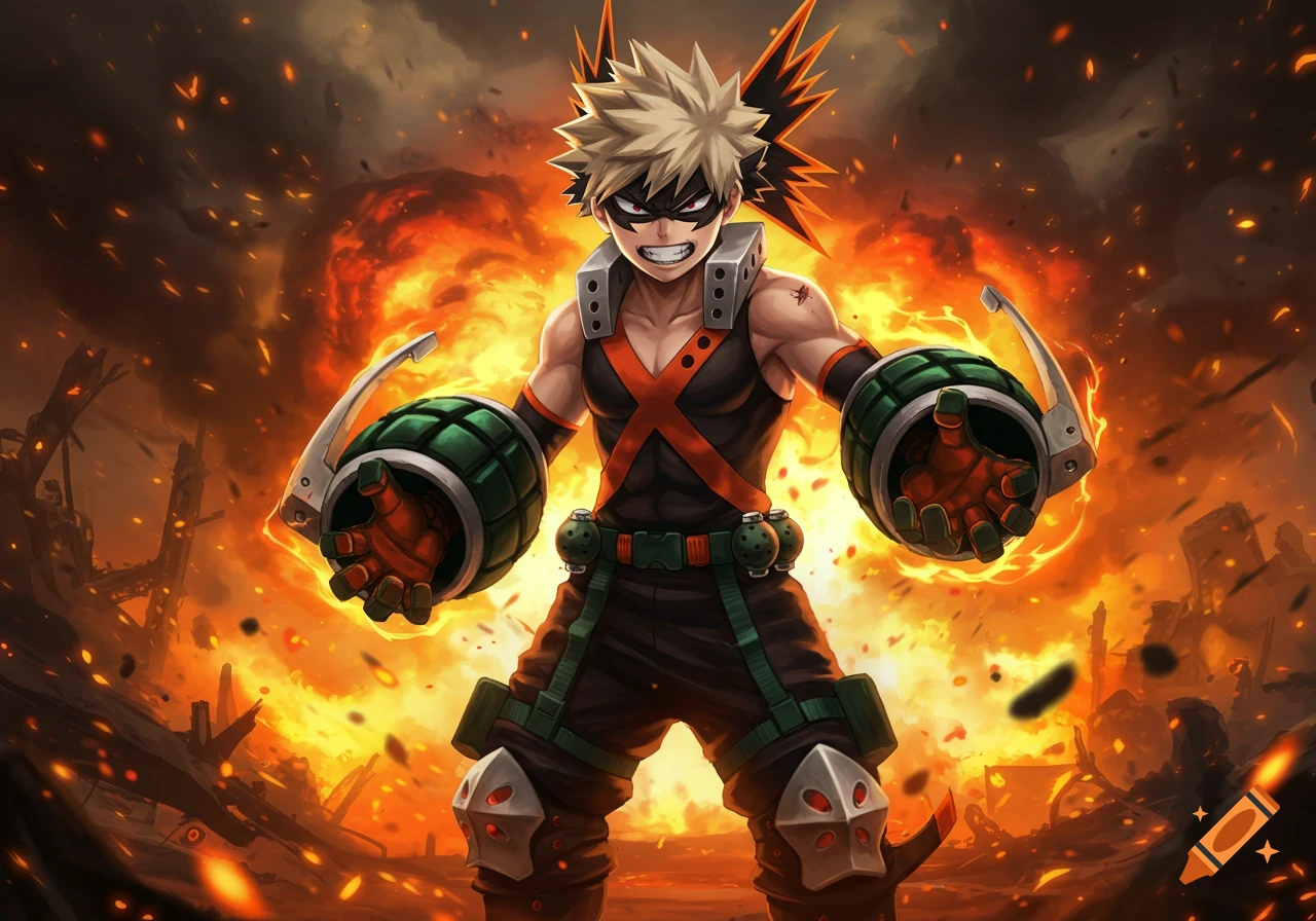 Katsuki Bakugo in his hero costume with grenade gauntlets, surrounded by explosions and fire.