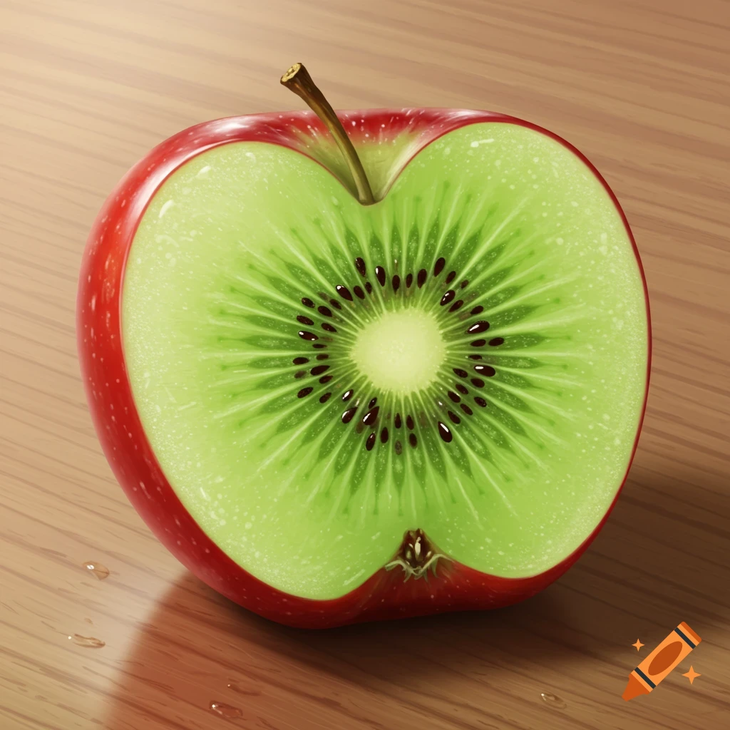 A photorealistic sliced red apple with a green kiwi interior, complete with black seeds, rests on a wooden table.
