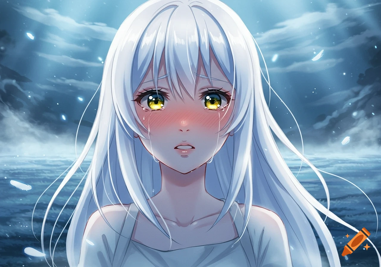 Anime girl with white hair and golden eyes crying with tears streaming down her face, against a dark blue, cloudy background.