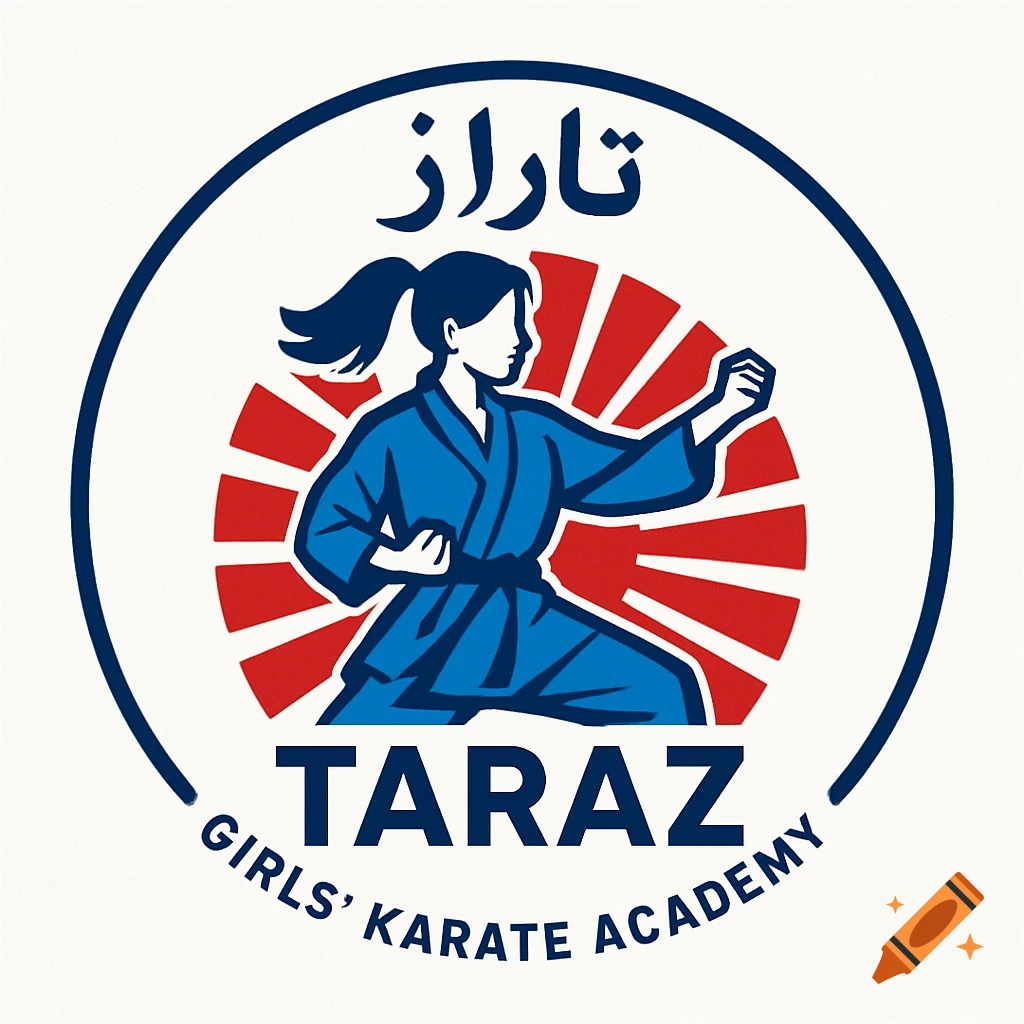 Circular logo for Taraz Girls' Karate Academy with a female karate fighter in blue gi, red sunburst, and text in Persian and English.