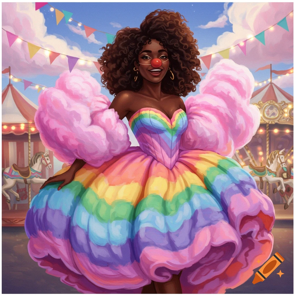 An African American woman in a vibrant, puffy rainbow dress and clown nose stands smiling at a cheerful carnival.