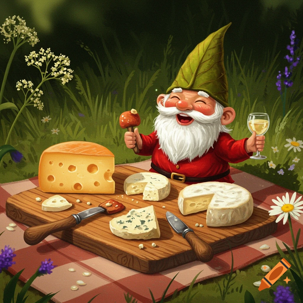A happy gnome in a red suit and leaf hat enjoys a cheese picnic on a red checkered blanket in a lush green field, holding a mushroom and a glass of wine.