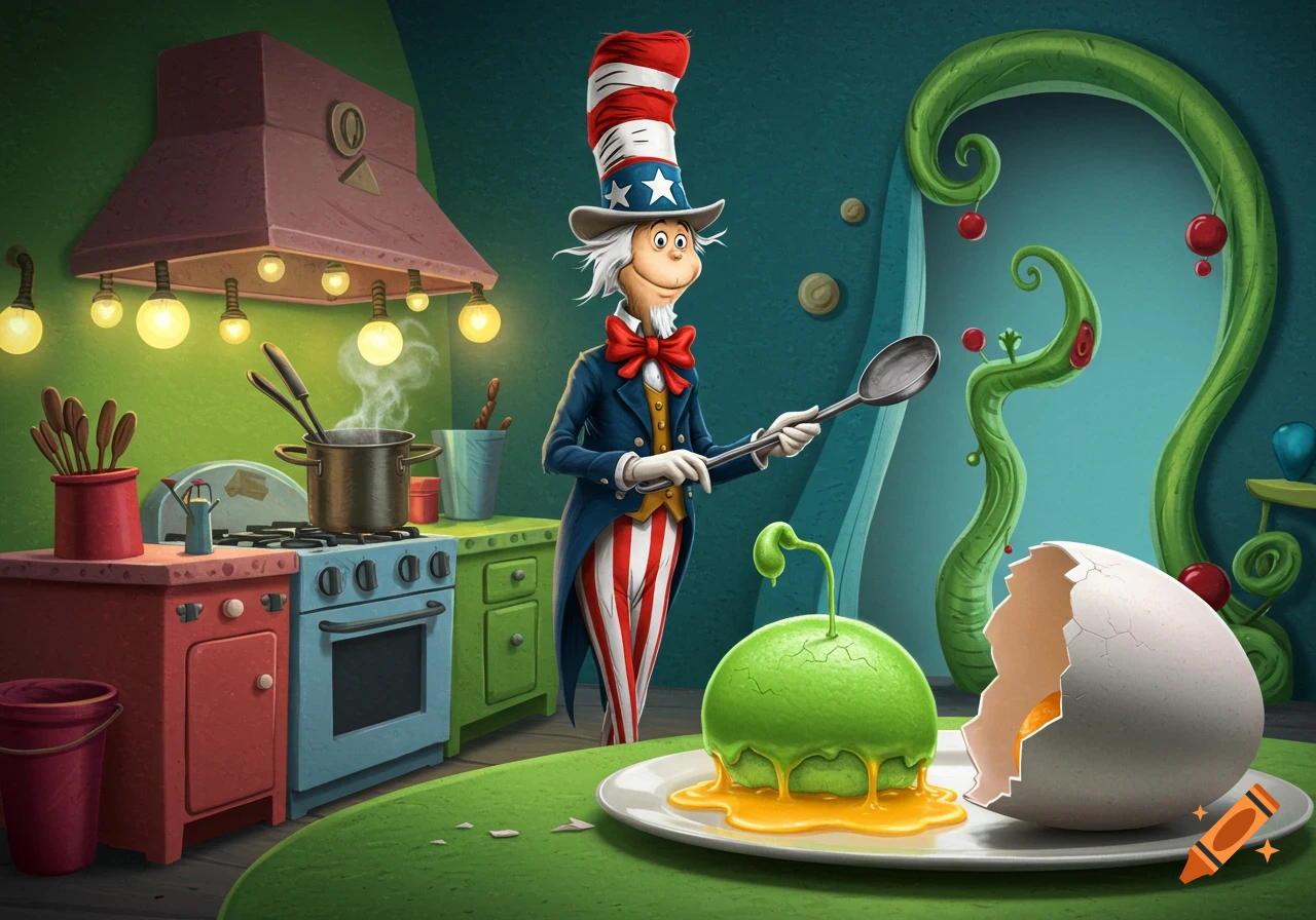 Uncle Sam, in Dr. Seuss style, cooks a green egg with a cracked grenade shell in a whimsical kitchen.