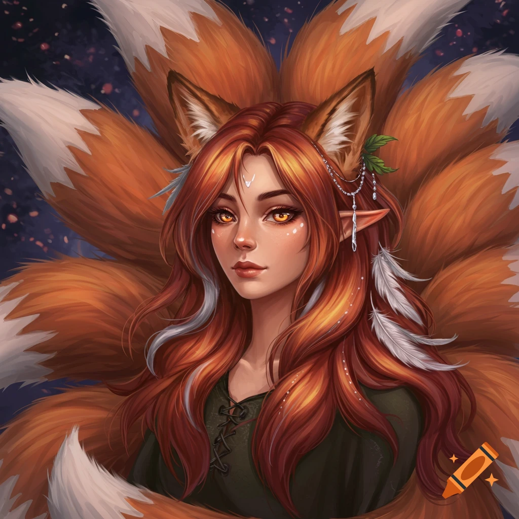 A digital art portrait of a fantasy woman with long red hair, fox ears, nine large fox tails, and glowing amber eyes.