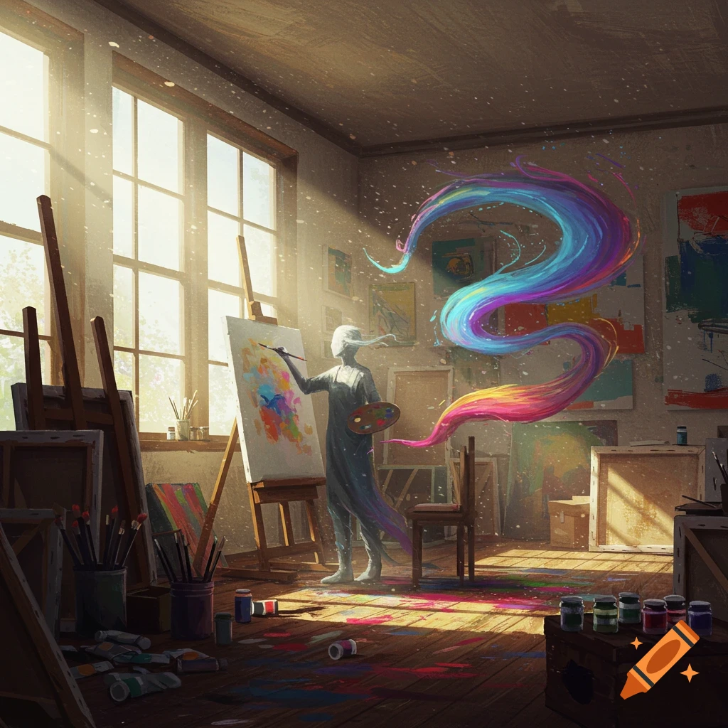 An ethereal artist paints on an easel in a sunlit studio, with a vibrant stream of colorful paint swirling from their palette.