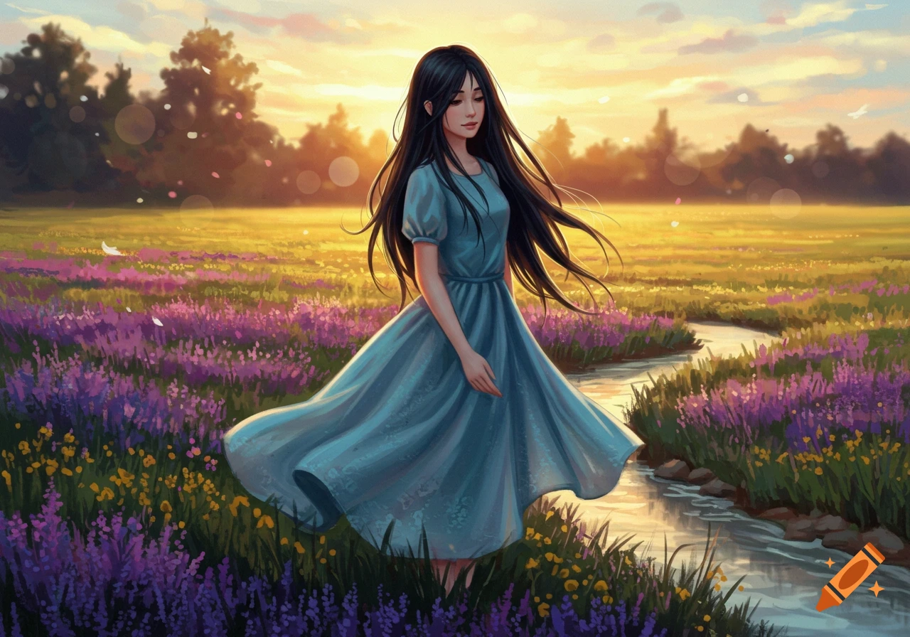 A young woman in a blue dress with long black hair stands in a vibrant purple flower field with a stream at sunset, in a digital painting style.