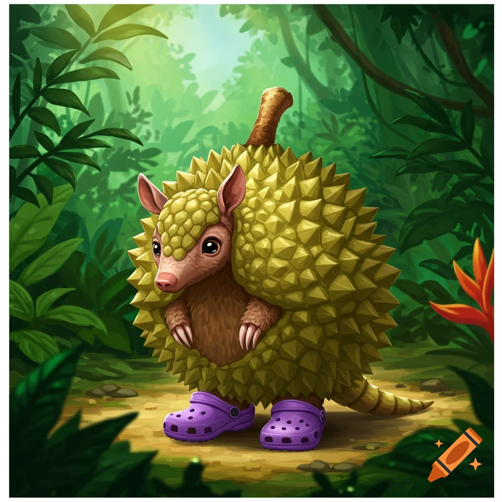 A whimsical cartoon armadillo with a durian fruit shell wears purple Crocs in a vibrant jungle.