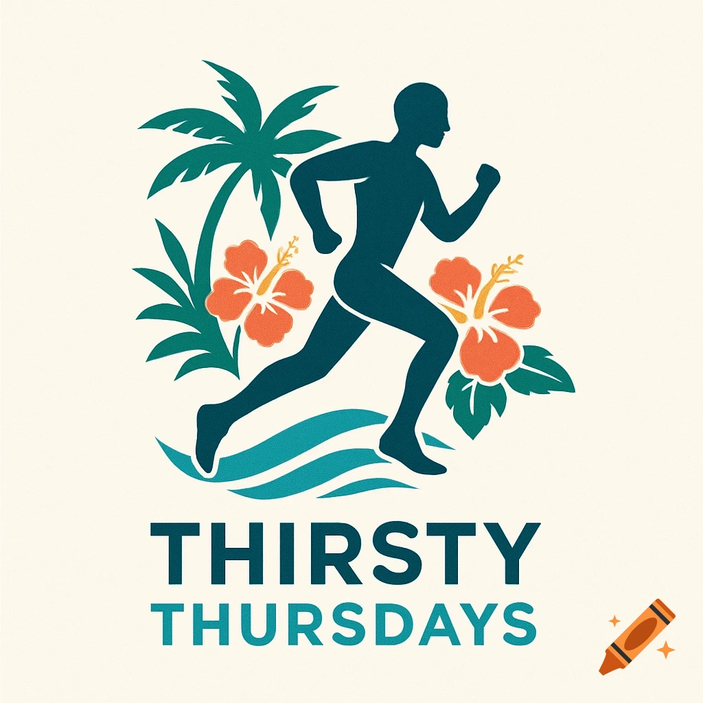 Stylized logo of a runner with a palm tree, hibiscus flowers, and waves, with text 'THIRSTY THURSDAYS'.