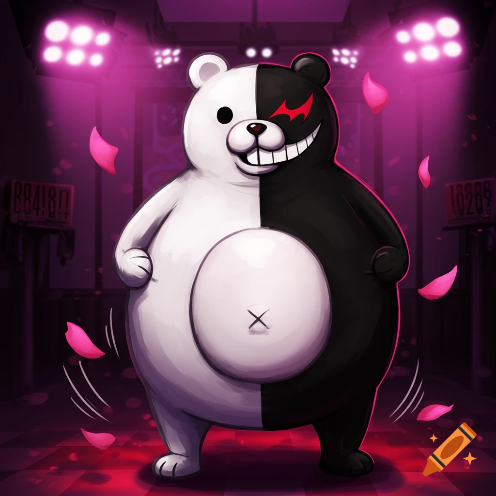Monokuma with a large belly stands on a glowing pink stage with scattered petals, in Danganronpa anime art style.