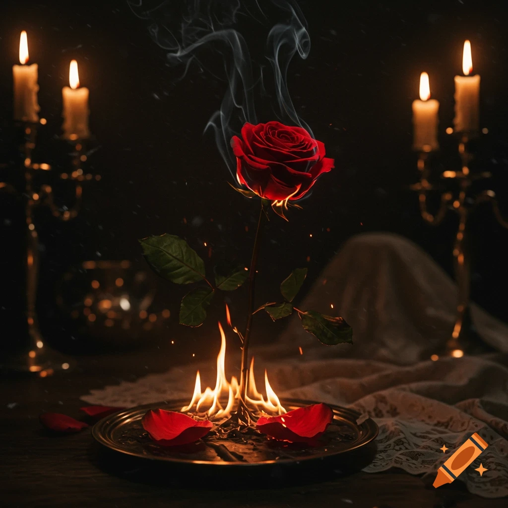 A single red rose burns at its base on a metal plate, smoke rising, in a dark room illuminated by candlelight.