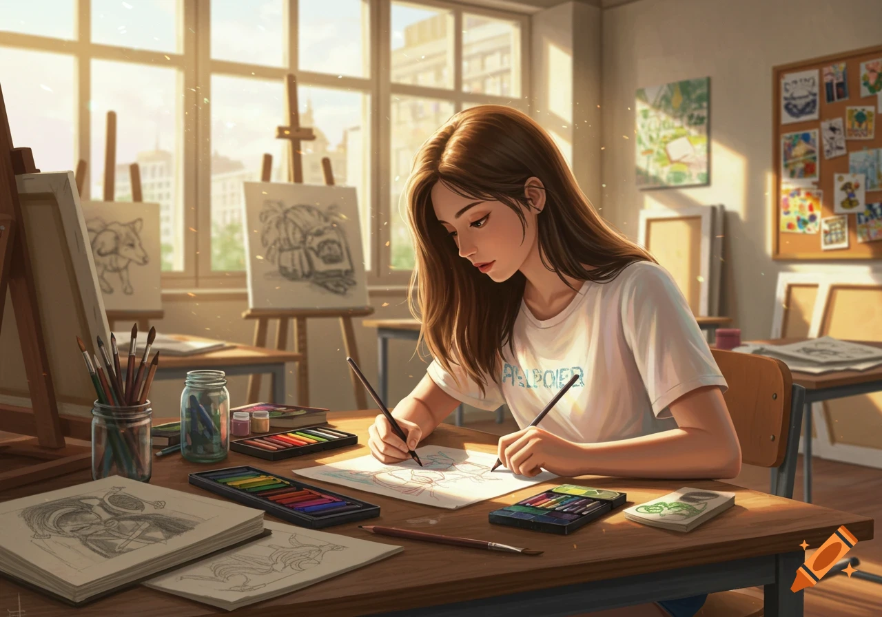 An illustrated girl with brown hair draws on paper in a sunlit art classroom filled with easels and art supplies.