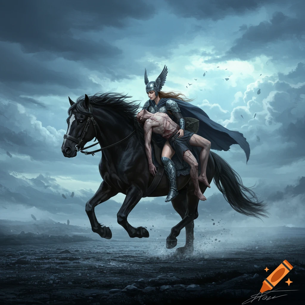 A Valkyrie in armor rides a black horse through a desolate, stormy landscape, carrying a wounded, limp man.