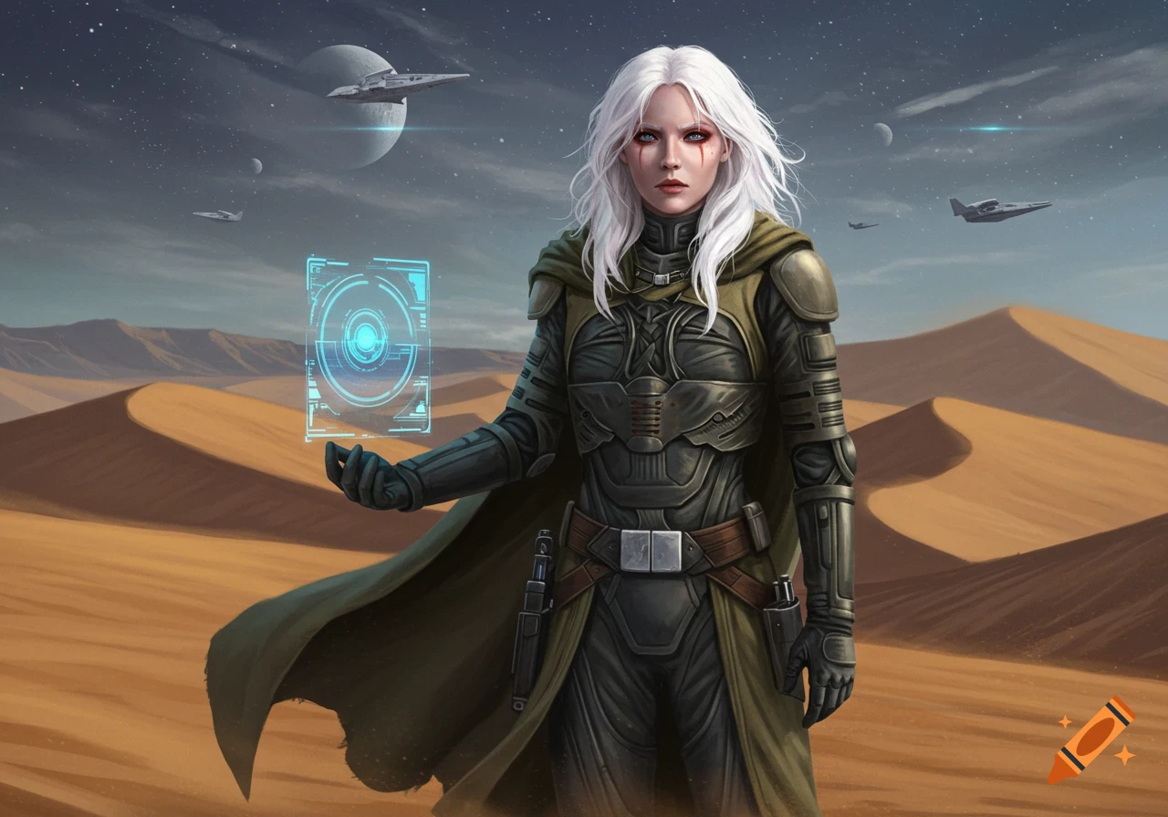 A woman with white hair in futuristic armor holds a glowing holographic display on a desert planet with spaceships and moons in the sky. Digital art.