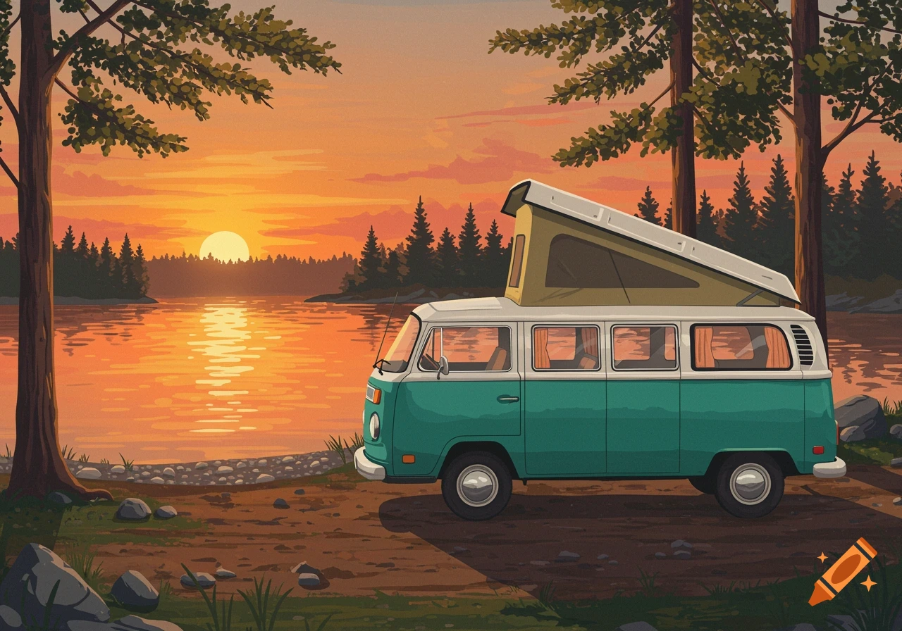 A teal and white VW camper van with a pop-up roof parked next to a lake at sunset, surrounded by pine trees, in an illustrative style.