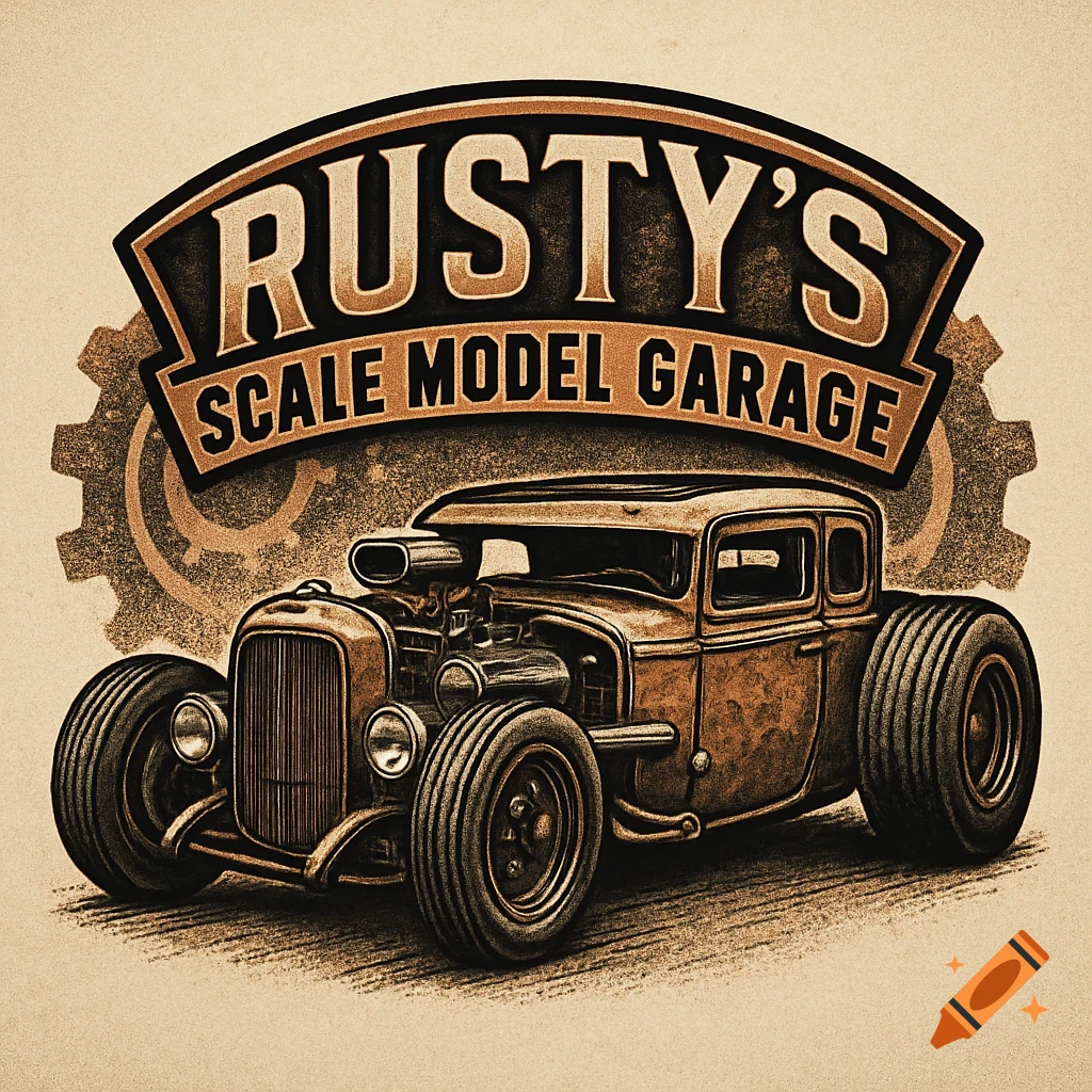 A vintage-style logo featuring a rusty rat rod car and the text 'RUSTY'S SCALE MODEL GARAGE' on a banner, with a gear in the background.